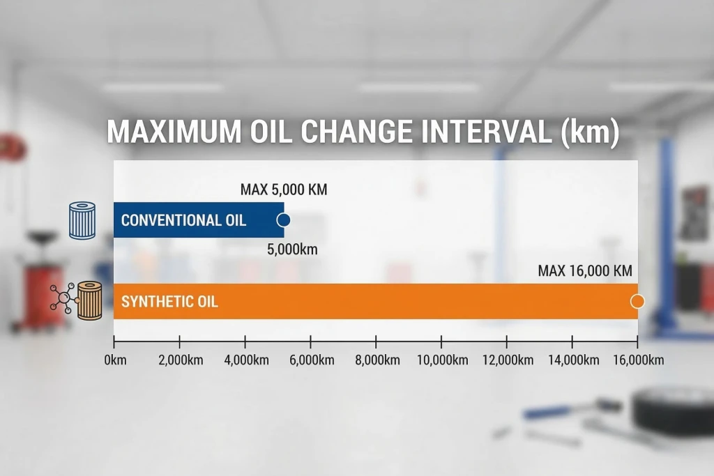 Comparison chart showing synthetic oil lasts longer than conventional oil